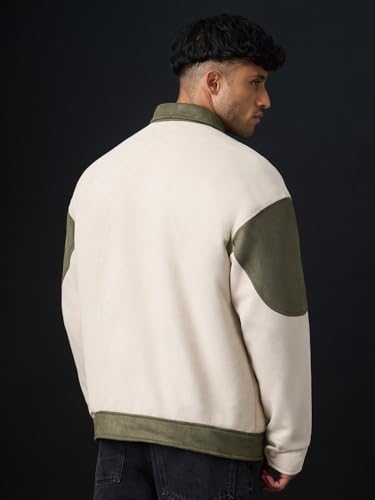 The Souled Store Kanji Men and Boys Full Sleeves Spread Collar Light Beige and Olive Green Colour-Block Polyester Lightweight Everyday Winter Oversized Jacket
