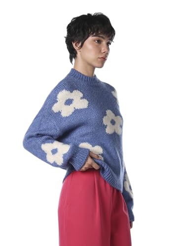 ONLY Women's Floral Print Loose Fit Blue Sweater