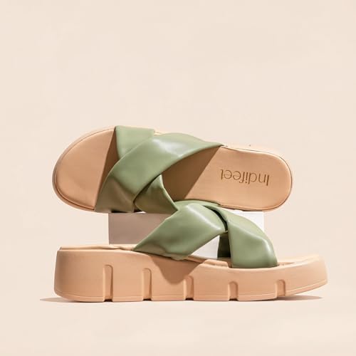 Indifeet Chunky Platform Heels for Women, Olive Green, UK 5
