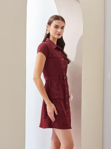 Latin Quarters Women's Maroon Solid Cap Sleeve Collar Neck Casual Shirt Dress_S