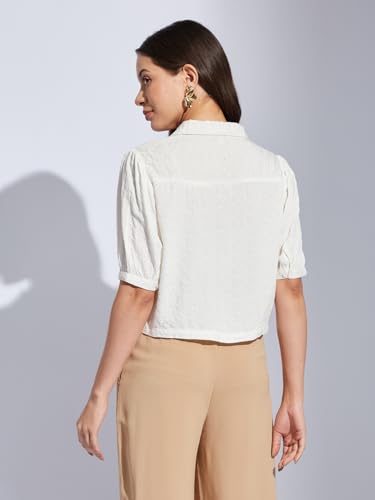 Latin Quarters Women Ivory Collared Half Sleeves Solid Shirt Blouse for Casual Wear_S