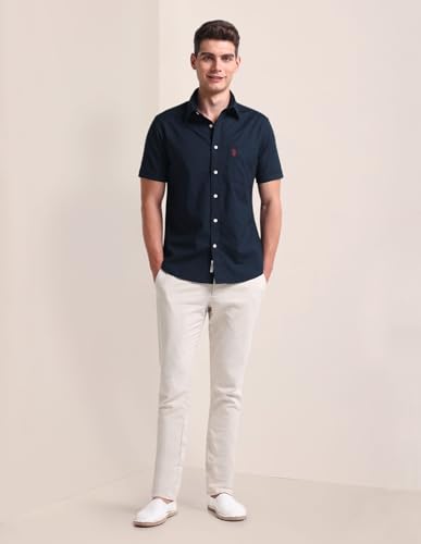 U.S. POLO ASSN. Mens Half Sleeve Oxford Stretch Shirts (USSHTC0046H_Navy_L)