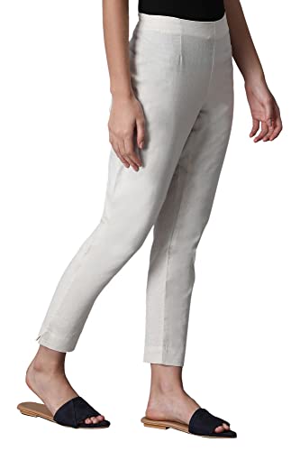 W for Woman White Solid Mid-Rise Cotton Flax Slim Pants (Size: XL)-WCR60151-211345