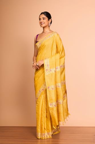 Taneira Women Yellow Embroidered Pure Tussar Silk Saree with Unstitched Blouse Piece (SAPP13AC2532-Yellow)