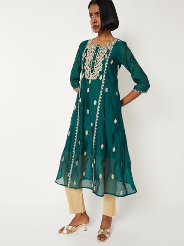 Max Women Embroidered A-line Kurta (Green_L)