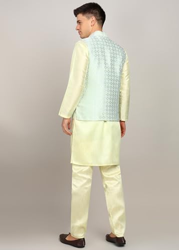 Fort Worth Men's Kurta Pyjama with Nehru Jacket - Elegant Indian Ethnic Wear for Weddings, Festivals, and Special Occasions - Traditional Sherwani Alternative, Comfortable Fabric (Lemon-36)