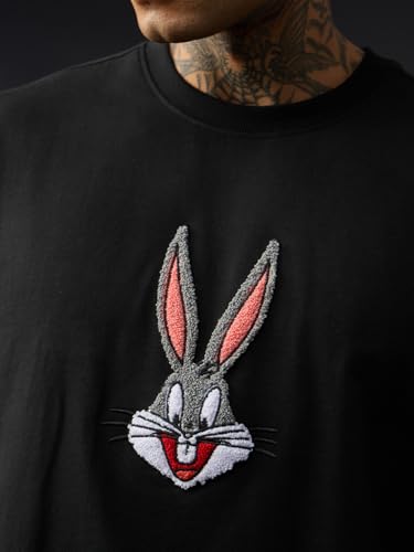 The Souled Store Looney Tunes: It's Bugs Men and Boys Short Sleeve Round Neck Black Embroidered Cartoon Casual Lightweight Drop Shoulder Streetwear Trendy Oversized T-Shirts