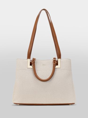 ITTI Sienna Tote Bag for Women | Grey Textured Lightweight Shoulder Bag with Black Handles | Spacious 3-Compartment Everyday & Work Tote (BEIGE)