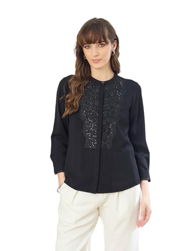 Latin Quarters Women's Black 3/4th Sleeves Mandarin Neck Casual Embellished Tunic_L