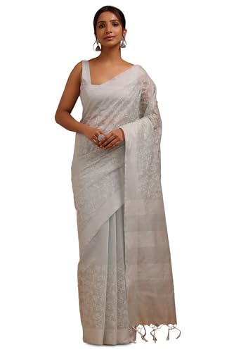 Soch Womens Grey Chanderi Floral Print Saree With Thread Work