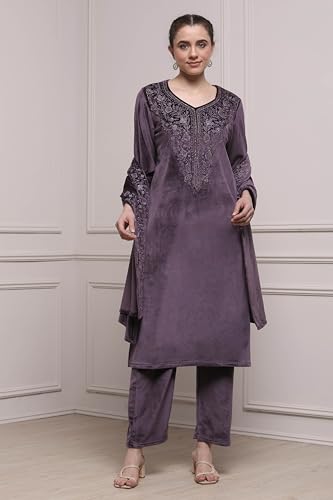 Biba Women Lavender Polyester Straight Dyed Suit Set_32