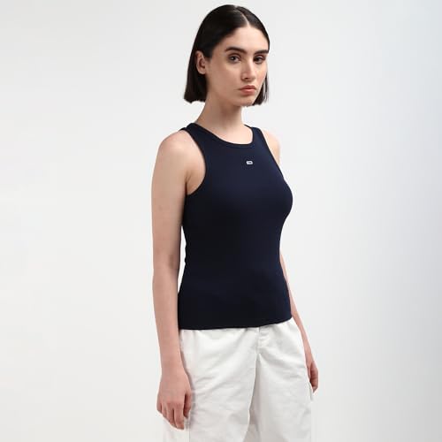 Tommy Hilfiger Blue Solid Cotton Women Tank Top