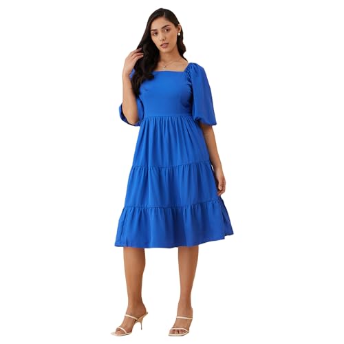 Rare Women Casual Blue Colour Midi Solid Dress (EP7532E_Blue_S)