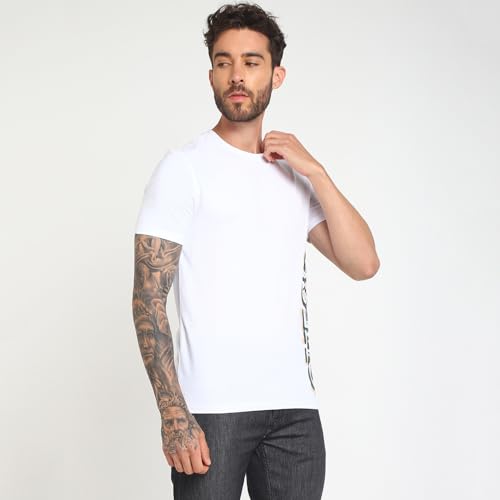 GUESS Men's White Cotton Printed Slim Fit Half Sleeves T-Shirt