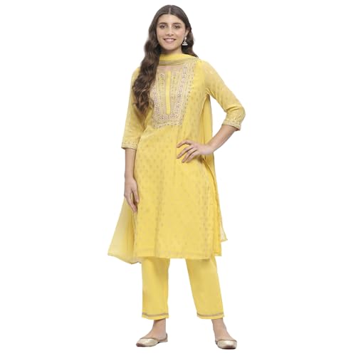 BIBA Women's Yellow Polyester Straight Kurta Sets_42