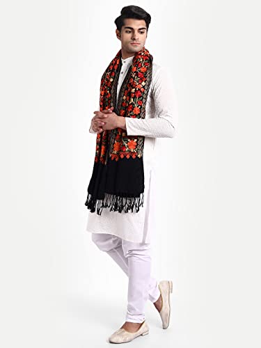 Zamour Men's Traditional Kashmiri Lohi Stole Punjabi with Embroidery Patterns 80 inches x 30 inches (Black)