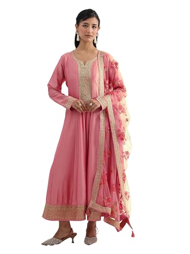 Libas Embroidered Silk Blend A Line Ethnic Dress with Dupatta | Occasion Gown Pink