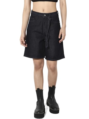 ONLY Women's Solid Regular Fit Mid-Rise Blue Shorts