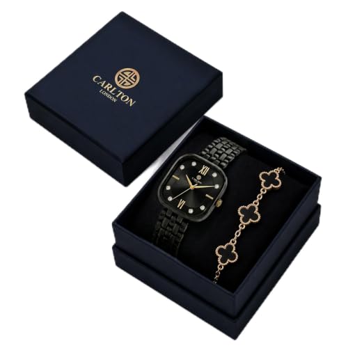 Carlton London Women’s Luxury Gift Set – Premium Square Black Dial Gold & Black Analog Watch and Four-Leaf Clover Charm Bracelet Combo Box | Ideal Anniversary, Birthday & Festive Gifting for Women