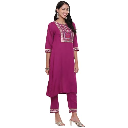 BIBA Women Solid Narrow Rayon Suit Set (Purple)