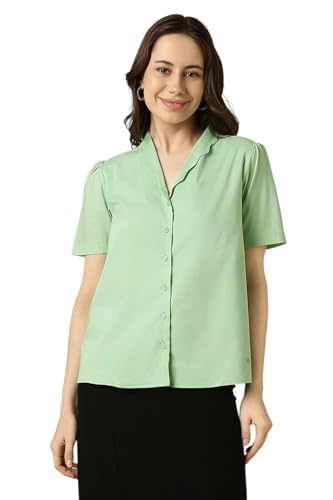 Allen Solly Women Green Solid Short Sleeves Shirt