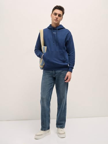 THE BEAR HOUSE Men's Navy Blue Solid Relax Fit Hoodie