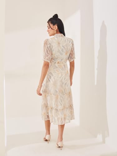 Latin Quarters Women's Beige Printed Half Sleeves Tie-Up Casual Fit & Flared Dress_S