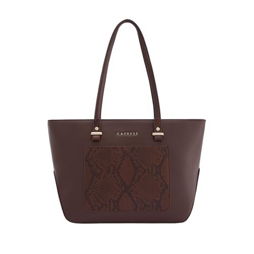 Caprese Bambi Large Snake Textured Print Tote Bag for Women | Fits Up to 15 Inch Laptop | Premium Multi-Compartment Shoulder Handbag with Zipper Closure for Office Work and Travel (Brown)