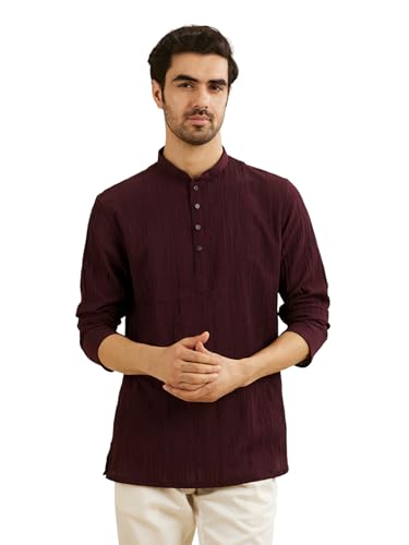 Manyavar Men's Spandex Textured Short Kurta (Wine,L)