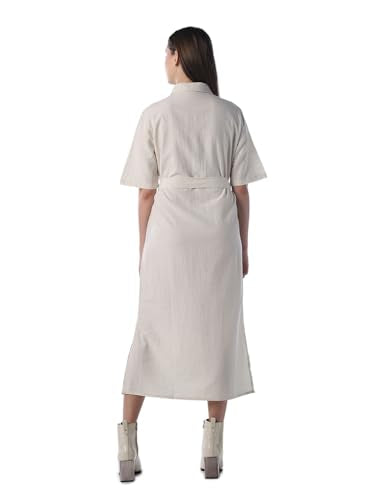 ONLY Women's Solid Fit and Flare White Dress with Belt