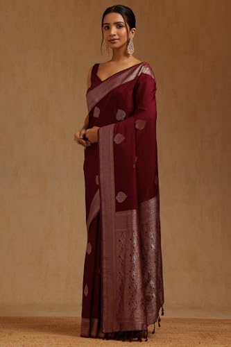 Soch Womens Wine Viscose Silk Ethnic Motifs Zari Woven Saree