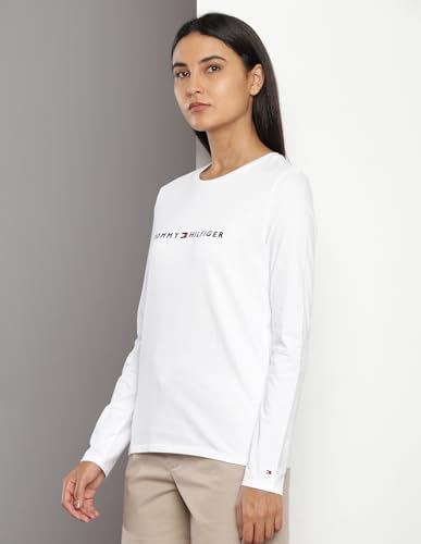 Tommy Hilfiger White Cotton Embroidery Round Neck Full Sleeves Regular Fit Women T-Shirt (F23HWKT126) Size-XL