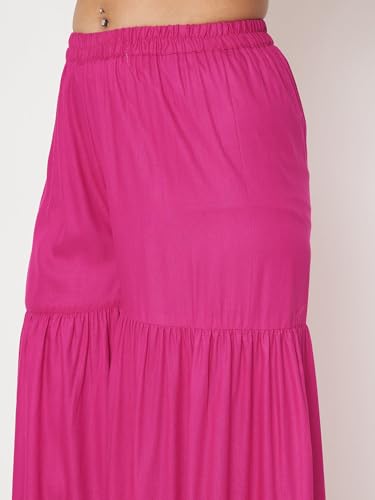studio rasa Women's Cotton Blend Solid Tiered Sharara for Festive Casual Party(BTWC524RC01L_Pink_Large)