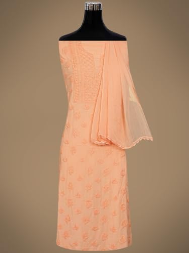 Ada Hand Embroidered Lucknowi Chikankari Unstitched Modal Dress Material Suit Piece with Dupatta for Women 01A368088 Peach