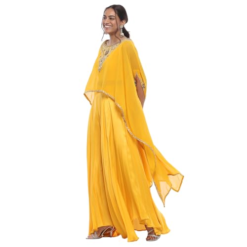 Biba Women Yellow Viscose Blend Lehenga & Blouse With Cape_36