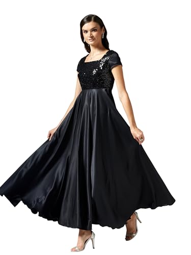 Miss Chase Women's Square Neck Short Sleeve Embellished Polyester Fit & Flare Maxi Dress (MCAW25D88-29-62-02, Black, XS)