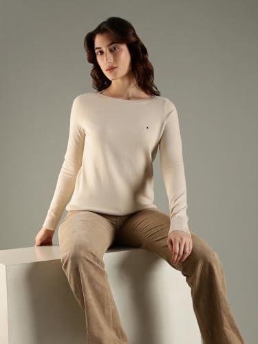 Tommy Hilfiger Women's Cotton Boat Neck Sweaters (F25HWSW015_Beige_XS)