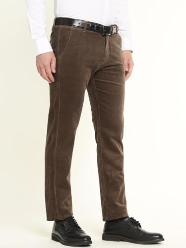 Hancock Men Cotton Solid Slim Fit Trousers Brown Size 32, Durable Fabric with a Tailored Finish, Comfortable Stretch Waistband, Machine Washable Easy Care Fabric