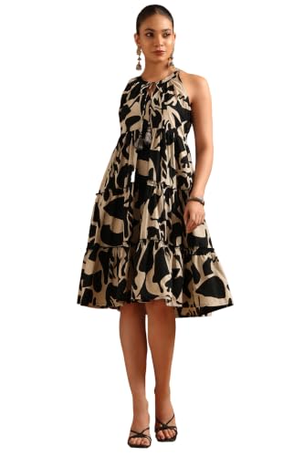 Soch Womens Black Cotton Abstract Printed Dress with Tassels