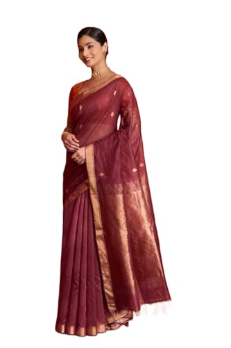 Taneira Women Dark Red Woven Pure Silk Cotton Bengal Saree with Unstitched Blouse Piece (SAPH04AB0593-Dark Red)