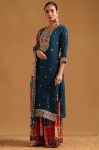Soch Womens Teal Viscose Blend Ethnic Motifs Zari Embroidered Salwar Suit With Sequin
