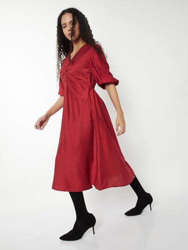 Max Women Solid Twisted A-line Midi Dress(Red_XL)
