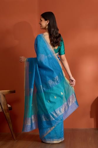 Taneira Women Dark Blue Pure Silk Cotton Chanderi Woven Saree with Unstitched Blouse Piece (SAPH03AA7685-Dark Blue)