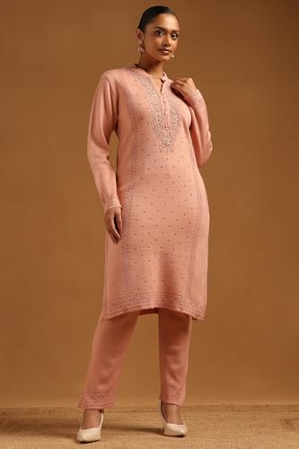 Soch Womens Peach Acrylic Floral Embroidered Winter Salwar Suit With Pearls