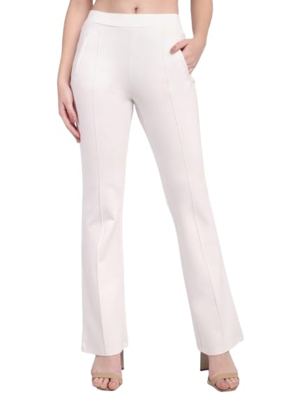 Latin Quarters Women's White Solid Casual High Rise Full Length Trouser_L