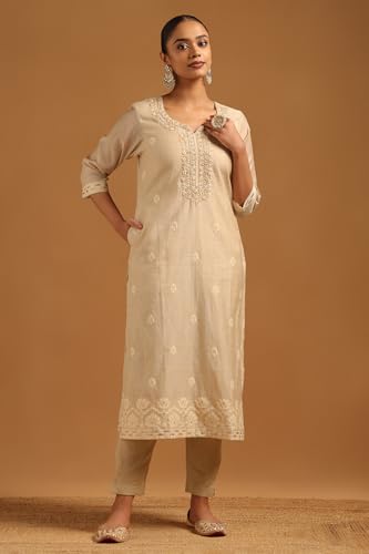 Soch Womens Beige Linen Floral Salwar Suit With Thread Work