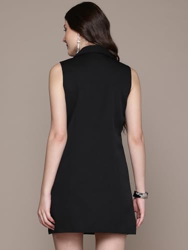 Label RITU KUMAR Collar Neck Sleevesless Solid Short Dress Black