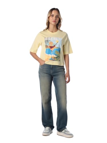 ONLY Women's Graphic Print Regular Fit Yellow T-Shirt