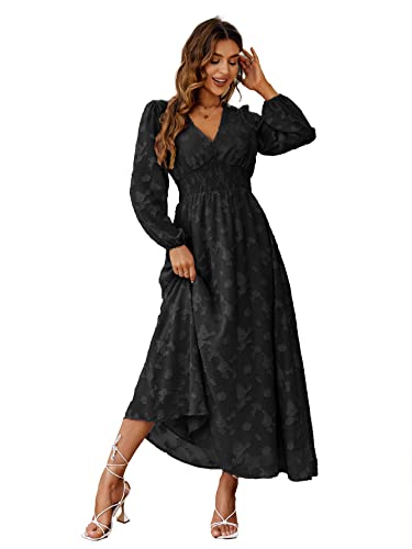 Simplee Women's Bridesmaid Wedding Guest Formal Maxi Dress Boho Floral Flowy Long Dress V Neck Long Sleeve Ruffle Dress, 1#black, Medium