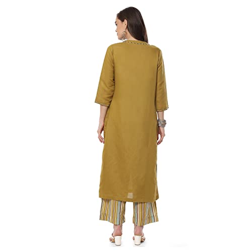 BIBA WOMEN SOLID STRAIGHT SALWAR KURTA DUPATTA(SKDLINEN7894_OLIVE GREEN_34)